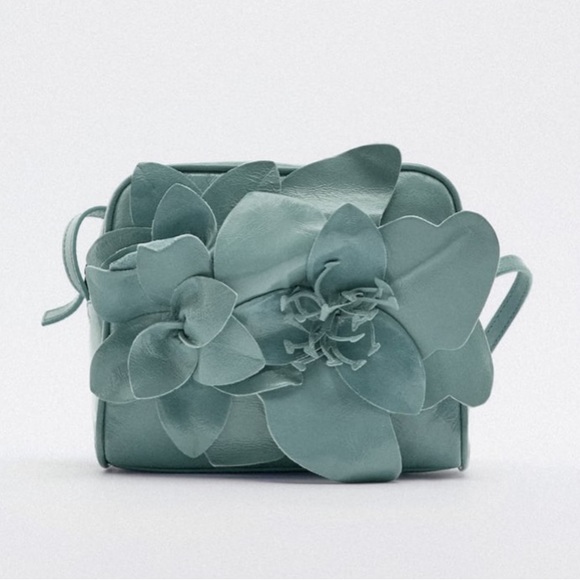 Zara Handbags - Zara NWT leather flower crossbody bag. Blue color.  Zipper closure